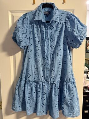 Donna Morgan Sky Blue Eyelet Button-Front Tiered Dress
